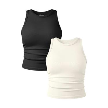 Imagem de OQQ Camiseta regata feminina de 2 peças, gola redonda, sem mangas, básica, elástica, casual, para ioga, cropped, Preto, bege, P