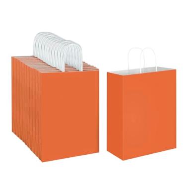 Imagem de Oikss Pacote com 100 sacos de papel kraft laranja 10 x 13 x 33 com alças a granel para lembrancinhas de festa de aniversário, compras, varejo, negócios, sacolas de presente recicladas (tamanho grande,