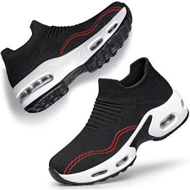 Imagem de DOUSSPRT Tênis feminino de caminhada sem cadarço para senhoras meninas enfermeira malha almofada de ar plataforma mocassins moda casual, Preto e branco, 8