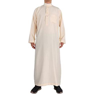 Imagem de Roupão masculino casual muçulmano suporte Thobe longo bolso sólido manga longa robe jubba robe listrado camisa social masculina, Bege, 58