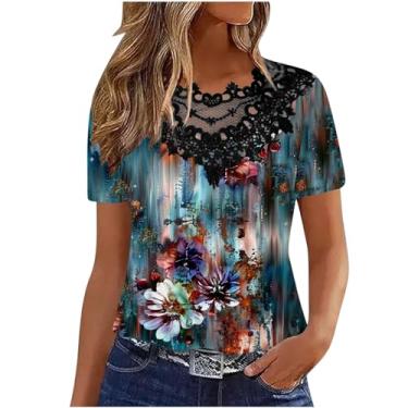 Imagem de Camisetas de verão plus size para mulheres, manga curta, renda, crochê, lisa, elegante, plissada, solta, casual, Azul-celeste, P