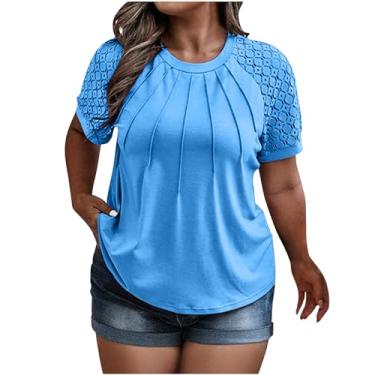 Imagem de Tops de verão plus size para mulheres elegantes blusas de trabalho soltas renda manga curta ilhós camisetas túnicas macias, Azul, 5G