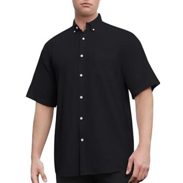 Imagem de Sedyrak Camisa de manga curta masculina de linho de algodão com ajuste regular casual com botão e bolso frontal, Preto373, 5G