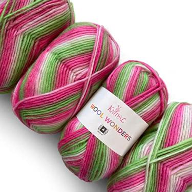Imagem de Lã Wonders Médio Pesado Palhado/Aran Peso #4 Fio Variegado Super Macio para Tricô e Crochê, 30% Lã Australiana e 70% Acrílico, 4 novelos, 400 g/600 m (melancia branca)