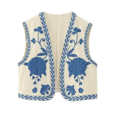 Imagem de Mincib Colete feminino bordado floral boho vintage colete de linho Y2k sem mangas 2024 verão colete top, Azul, Medium