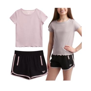 Imagem de Reebok Conjunto de shorts para meninas - Camiseta de manga curta com shorts de ginástica de tecido macio - Conjunto casual Athleisure para meninas (7-12), Lilás pastel cinza, 12