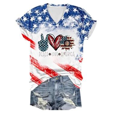 Imagem de Camiseta feminina de 4 de julho com bandeira dos EUA, taças de vinho, estampada, gola V, manga curta, camiseta do Dia da Independência, Vermelho melancia, P