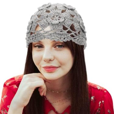 Imagem de Gllutt Gorro feminino de crochê vintage de tricô com recorte floral de verão, Flores completas, cinza, tamanho �nico