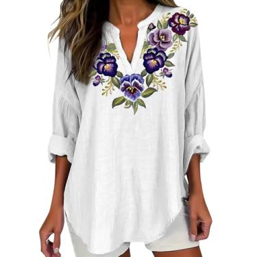 Imagem de Camiseta feminina de linho Alzheimers Awareness, casual, tamanho grande, roxo, floral, gola V, túnica de manga comprida, Branco, XXG