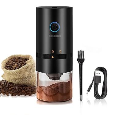 Imagem de Moedor de café elétrico portátil, Iruihoo 4 xícaras pequeno moedor cônico automático moedor de grãos de café com configuração multi moagem para espresso gotejamento despeje sobre prensa francesa, USB recarregável (Preto)