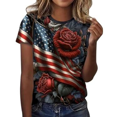 Imagem de Camisetas femininas 4 de julho 4 de julho listras estrelas bandeira americana manga curta blusas soltas casuais, Bronze, GG