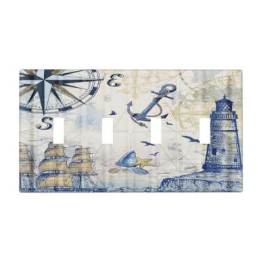 Imagem de Spshian Capa de interruptor de luz com âncora de barco à vela náutico oceano quádruplo 4 placas de parede decorativas placa de interruptor elétrico para decoração de cozinha, banheiro, quarto
