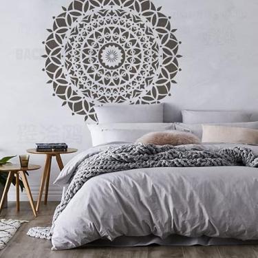 Imagem de Estêncil redondo étnico árabe indiano mandala gigante de 170 cm para decoração modelo reutilizável mandala móveis padrões de azulejos nicho parede as sementes piso azulejos tecido de madeira