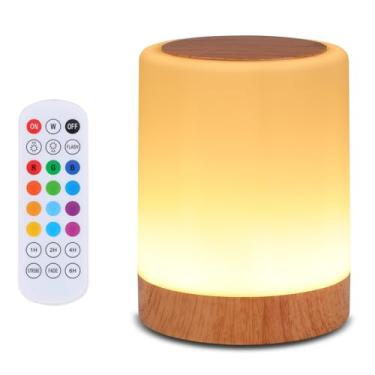 Imagem de OORUN Luminária de mesa de cabeceira sensível ao toque, 13 cores RGB e 5 brilho, lâmpada de mesa recarregável por USB, luz noturna regulável com controle remoto com mudança de cor RGB, lâmpada