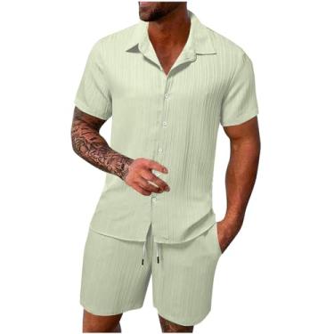 Imagem de Generic Conjunto de shorts masculinos de linho de renda para verão outono combinando com 2 peças, camisetas e shorts masculinos 2024, B-284 verde-limão, 3G