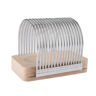 Imagem de Partslety Fatiador de pão manual de aço inoxidável, gaiola de arame destacável à prova de ferrugem fatiador de pão para pão caseiro, guia de fatiar pão com tábua de corte de bambu resistente