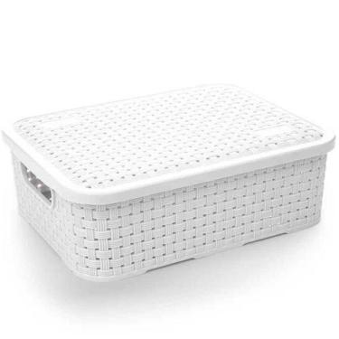 Imagem de Caixa Organizadora Plástico Rattan 25Cm Baixa Pequena Branca - Nitron