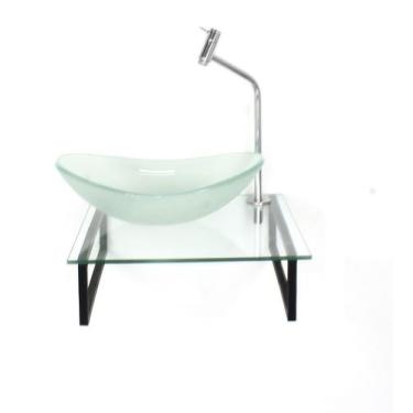 Imagem de Kit cuba de vidro oval 10mm jateada com tampo 40cm incolor e suporte p