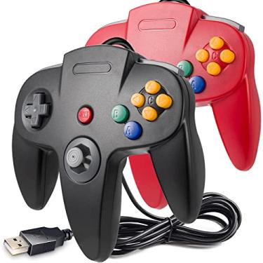 Imagem de Pacote com 2 controles USB N64 com fio, controlador joystick Miadore Classic N64 PC Gamepad para Windows, PC, Mac, Linux, Raspberry Pi 3 (preto/vermelho)
