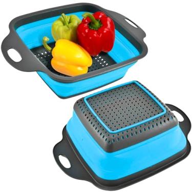 Imagem de Escorredor quadrado dobrável com alças – Coadores de cozinha quadrados de silicone azul com alças de plástico, coador de cozinha dobrável, perfeito para drenar macarrão, vegetais e frutas, azul