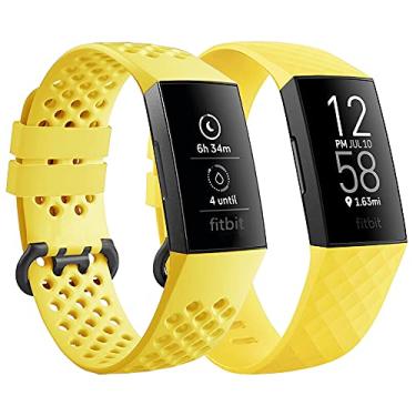 Imagem de Qimela Pulseira de relógio de substituição compatível com Fitbit Charge 3/Fitbit Charge 4 para mulheres e homens, pulseiras clássicas esportivas de silicone líquido, pacote com 2 (amarela, grande)