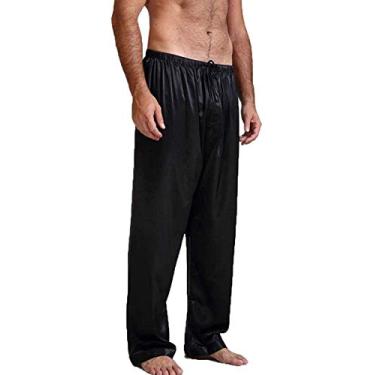 Imagem de Calça de pijama masculina de cetim, calça de pijama longa com cordão, Preto, M