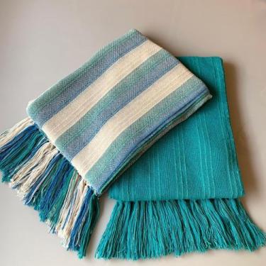 Imagem de Kit 2 Manta Para Sofá Jade E Azul Faixa Xale Decorativo100% Algodão Te