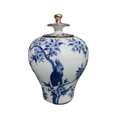 Imagem de Potiche Bojudo Branco c Detalhes Azul e Dourado Formosa - LUXdecor Cas