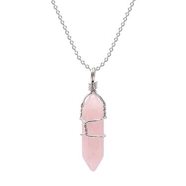 Imagem de Paialco Jewelry Colar com pingente de chacra de ponto de cura cristal natural com fio prateado 45 cm, quartzo rosa