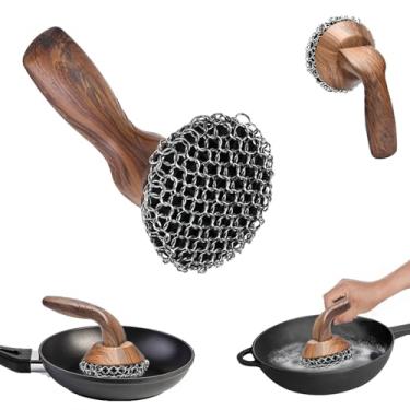 Imagem de Limpador de ferro fundido, limpador de aço inoxidável, esfregão de ferro com alça de silicone, esfregão de malha para panelas de ferro fundido, frigideira, escova de limpeza de chapa de ferro fundido