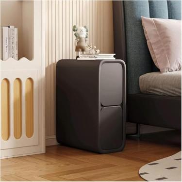 Imagem de Mesa de cabeceira estreita com 2 gavetas, mesa de cabeceira de couro de microfibra, minimast SM, mesa lateral para pequenos espaços, quarto, móveis, armário de armazenamento, baú, cinza escuro, 20 x