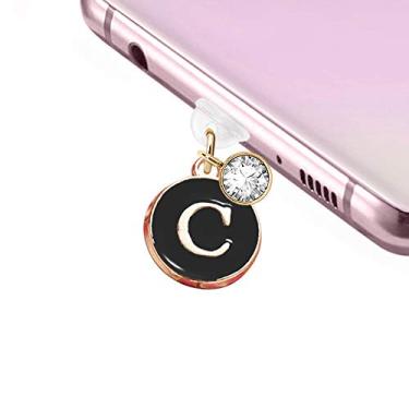 Imagem de Nova porta de carregamento USB Elise & FONDA TP29 tipo C antipoeira plugue bonito inicial letra C pingente de celular para Samsung Galaxy/Huawei/OnePlus/Xiaomi/Oppo novos telefones Android (preto)