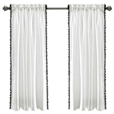Imagem de Lush Decor Cortina com pompom | Painel de janela texturizado, cor lisa estilo chique para sala de estar, sala de jantar, quarto (único), 160 x 127 cm, preto e branco