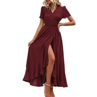 Imagem de PRETTYGARDEN Vestido maxi feminino de verão, casual, floral, decote em V, manga curta, bainha com babados, vestidos longos de praia, Z_vinho tinto, GG