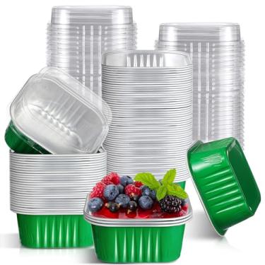 Imagem de Mimorou 100 peças de mini formas de bolo com tampas, copos de sobremesa, forros de cupcake de 142 g, copo de cozimento de folha de alumínio, descartável, muffin de ramequins individual, queque