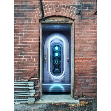 Imagem de WOOHOOROO Retire e cole o adesivo de porta realista Sense of Future Technology Futuristic Door Cover para quarto/geladeira 70,3 cm L x 78,7 cm C, conjunto de 2 folhas
