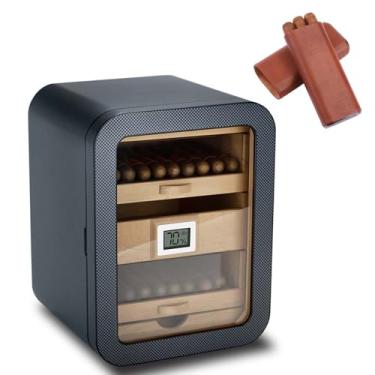 Imagem de Umidificador de gabinete de 100 contagens com gaveta de madeira de cedro espanhol, higrômetro de precisão e umidificador - caixa de mesa de charuto com design transparente frontal presente para a