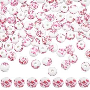 Imagem de SUNNYCLUE 1 caixa 80 peças contas de cerâmica flor rosa contas de porcelana 10 mm redondo a granel grande branco impresso forma planta planta espaçador contas florais para fabricação de joias,