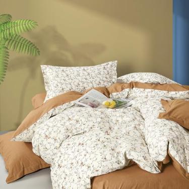 Imagem de LEMIROE Edredom Queen de algodão floral laranja queimado – flores delicadas e ramos cinzentos em branco, texturizado e enferrujado, conjunto de cama leve luxuoso de 3 peças com enchimento alternativo