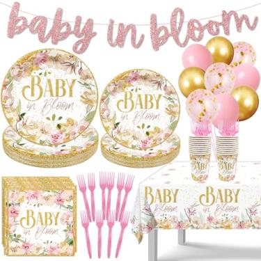 Imagem de Haimimall Decorações Para Chá De Bebê Baby In Bloom Para Meninas, Pratos E Guardanapos Florais Rosa Para Chá De Bebê, Banner Baby In Bloom, Copos De Balão, Toalhas De Mesa, Utensílios De Mesa Para D
