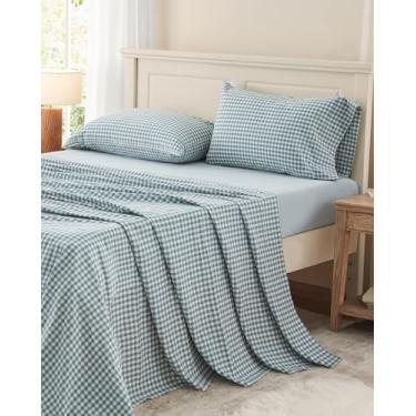 Imagem de PURE ERA Jogo de lençol completo 100% algodão lavado guingão tamanho sujo, conjunto de 4 peças, macio, respirável, durável, sensação de linho - bolso profundo de 3,5 m - azul xadrez