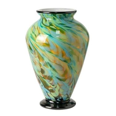 Imagem de Vaso Vaso de vidro gradiente retrô - 11,72 "de altura, vaso de vidro colorido de boca larga para peça central de mesa de jantar, entrada, sala de estar, decoração de casamento Vaso de flores(Green)