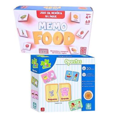 Imagem de Kit Jogo Da Memória Infantil Madeira Memo Food Bilingue E Opostos Raci
