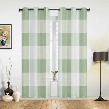 Imagem de Cortinas blecaute verde sálvia búfalo xadrez 203 cm de comprimento, conjunto de 2 painéis, cortina de janela superior com ilhós xadrez rústico para sala de estar/quarto, cortinas geométricas modernas