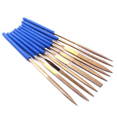 Imagem de ATOPLEE Conjunto de limas de agulha de diamante, 10 peças de lixa de diamante revestidas de titânio 3 x 140 mm para joias de pedra de madeira de vidro, inclui redondo, meio redondo, triangular,