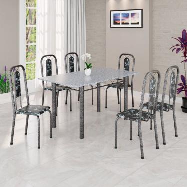 Imagem de Conjunto de Mesa Tubular 140cm X 75cm Tampo Granito Ocre com 6 Cadeiras Lívia Preto/ Prata