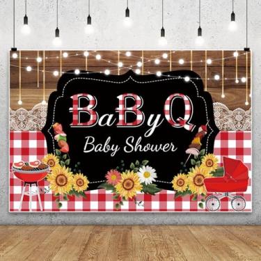 Imagem de Leyiyi 2,1 x 1,5 m Pano de fundo de chá de bebê rústico country placa de madeira girassóis treliça vermelha e branca para recém-nascidos 1º aniversário revelação de gênero para decoração de festa de