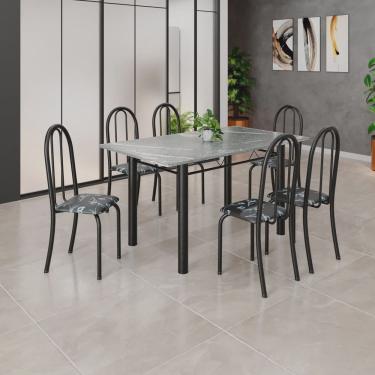 Imagem de Conjunto de Mesa Tubular 140cm X 75cm Tampo em Granito Topázio com 6 Cadeiras Iris B Preto