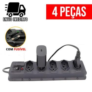 Imagem de Kit 4 Filtro de Linha 5 Tomadas Régua de Tomada com Fusível Extensão E