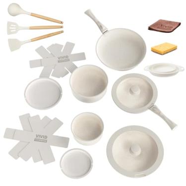 Imagem de VIVIDCOOKWARE Conjunto De Panelas E Frigideiras Antiaderentes, 22 Peças Cerâmica Com Alça Removível, Conjuntos Cozinha Atóxicas Indução Próprias Para Forno, Creme Branco